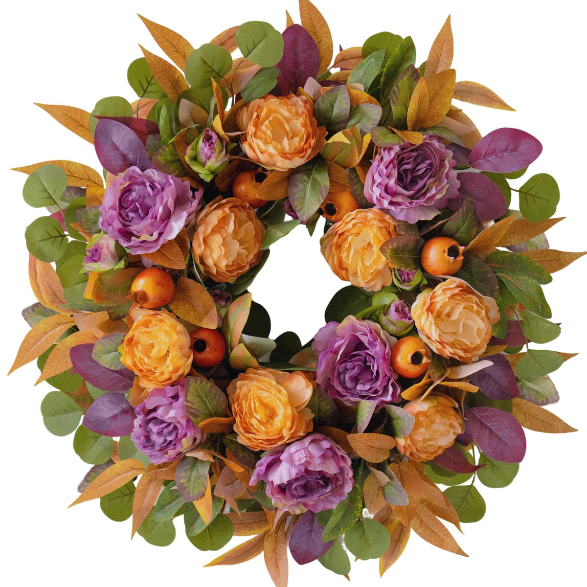 24 Inch Harvest Fall Wreath for Front Door Outside with Orange Purple Peony