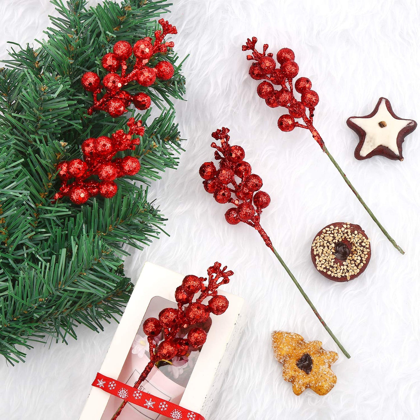 DIYASY Artificial Red Berry Stems,20 Pcs 7.8 Inch Glitter Christmas Tree Picks for Christmas Tree Ornaments,DIY Xmas Wreath, Holiday and Home Decoration