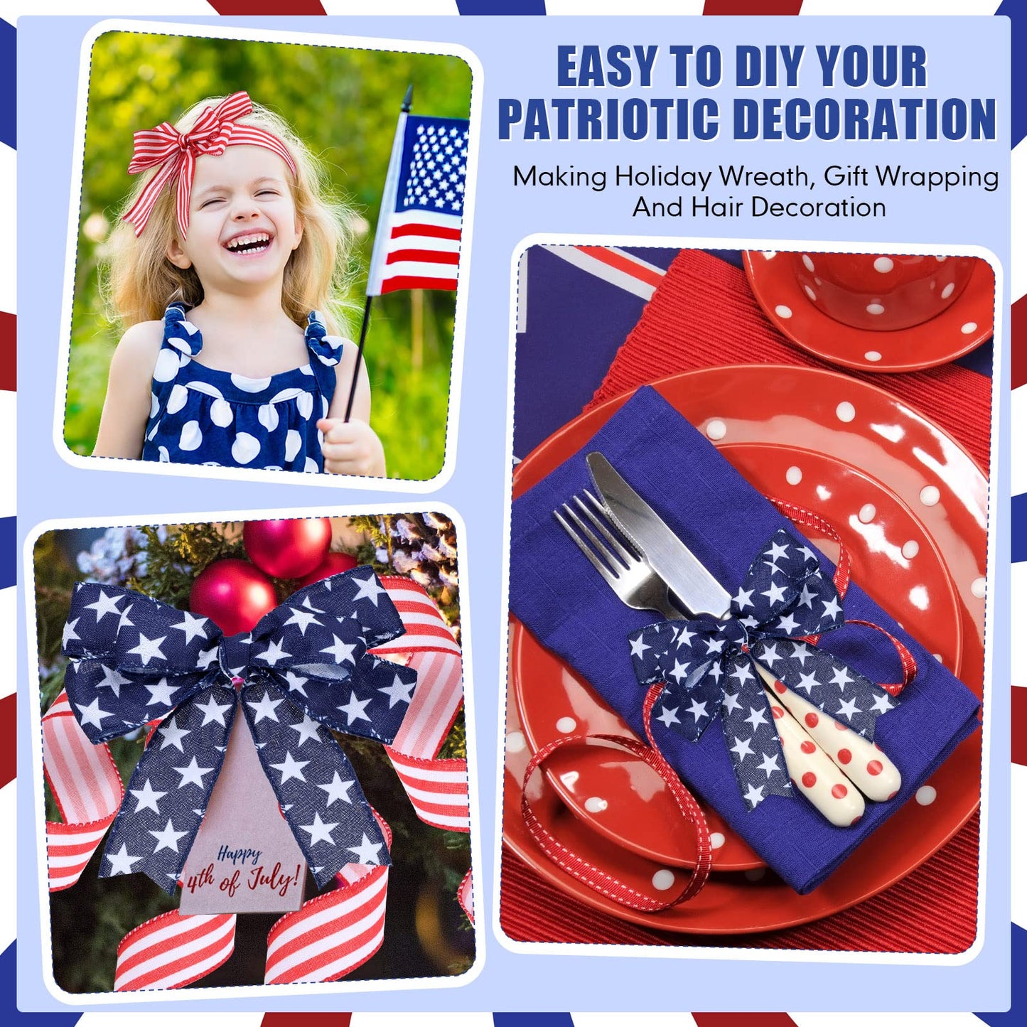 Hoteam 250th Anniversary 2 Rolls 20 Yard Red White and Blue Ribbon Patriotic Star and Striped Wired Royal USA Ribbon DIY Crafts for Xmas Holiday Decor(1.5 Inch,Red, White, Blue)