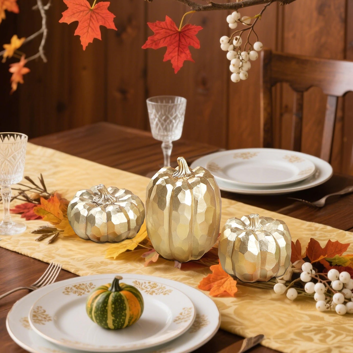3 Pack Gold Pumpkins Thanksgiving Decorations- Fall Decor for Home, Table, Fireplace Mantel, Office, Elegant Decorative Pumpkin Autumn Indoor Decor