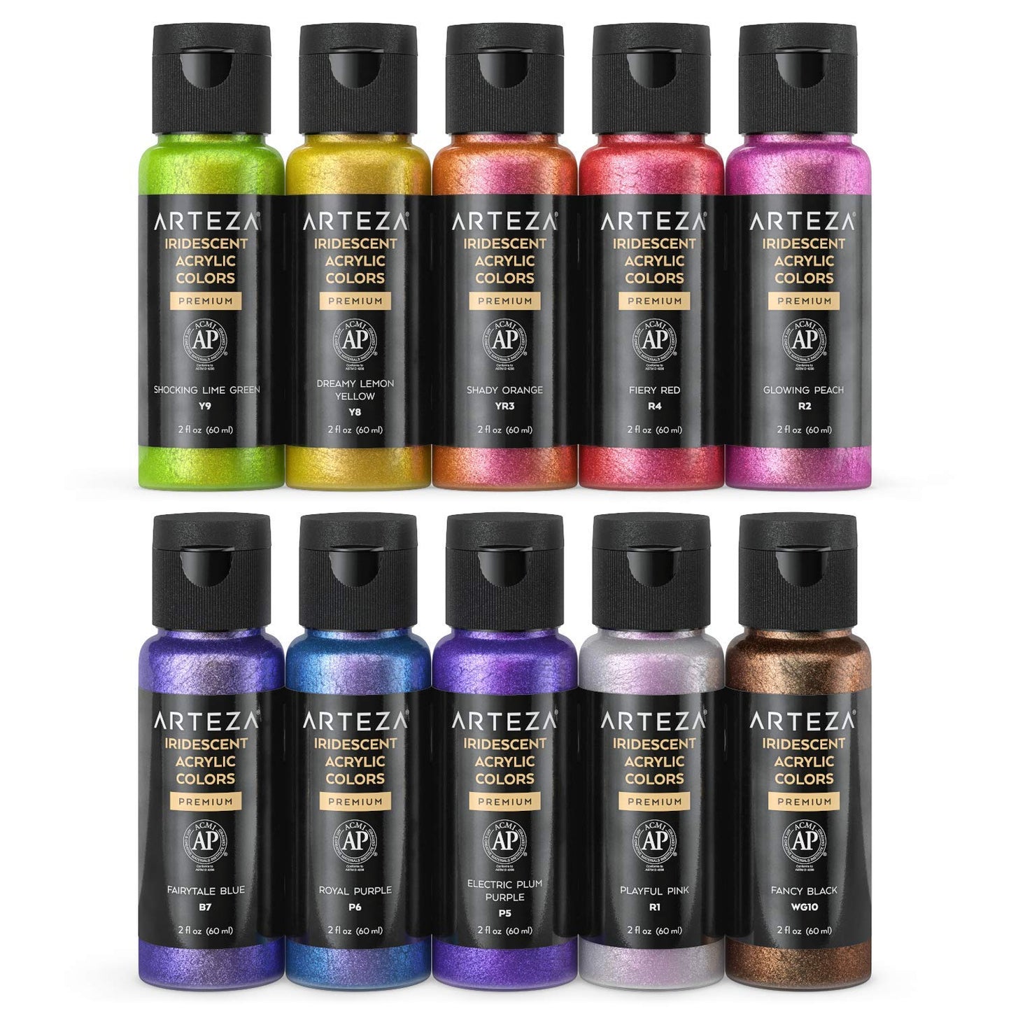 ARTEZA Iridescent Acrylic Paint Set, 10 Galaxy Tones, 60 ml / 2 fl oz Bottles, Shimmer Water-Based Paints for Canvas, Wood, Rocks, Fabric, Paper, and Mixed Media