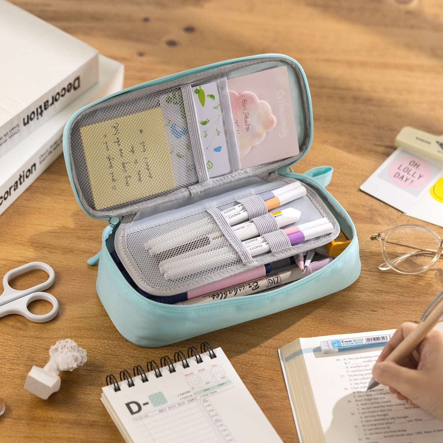 Durable Pencil Case Big Storage Pen Pouch Bag for School Supplies Office College Teen Adults, Light Blue