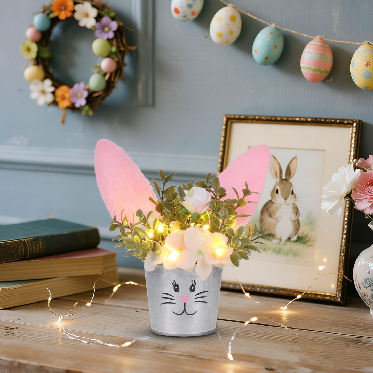 Easter Table Decorations Artificial Flower with Bunny Ear, Lighted Desk Decor Bunny Flowers, Easter Tabletop Decorations for Home Table Mantle Office Spring Party