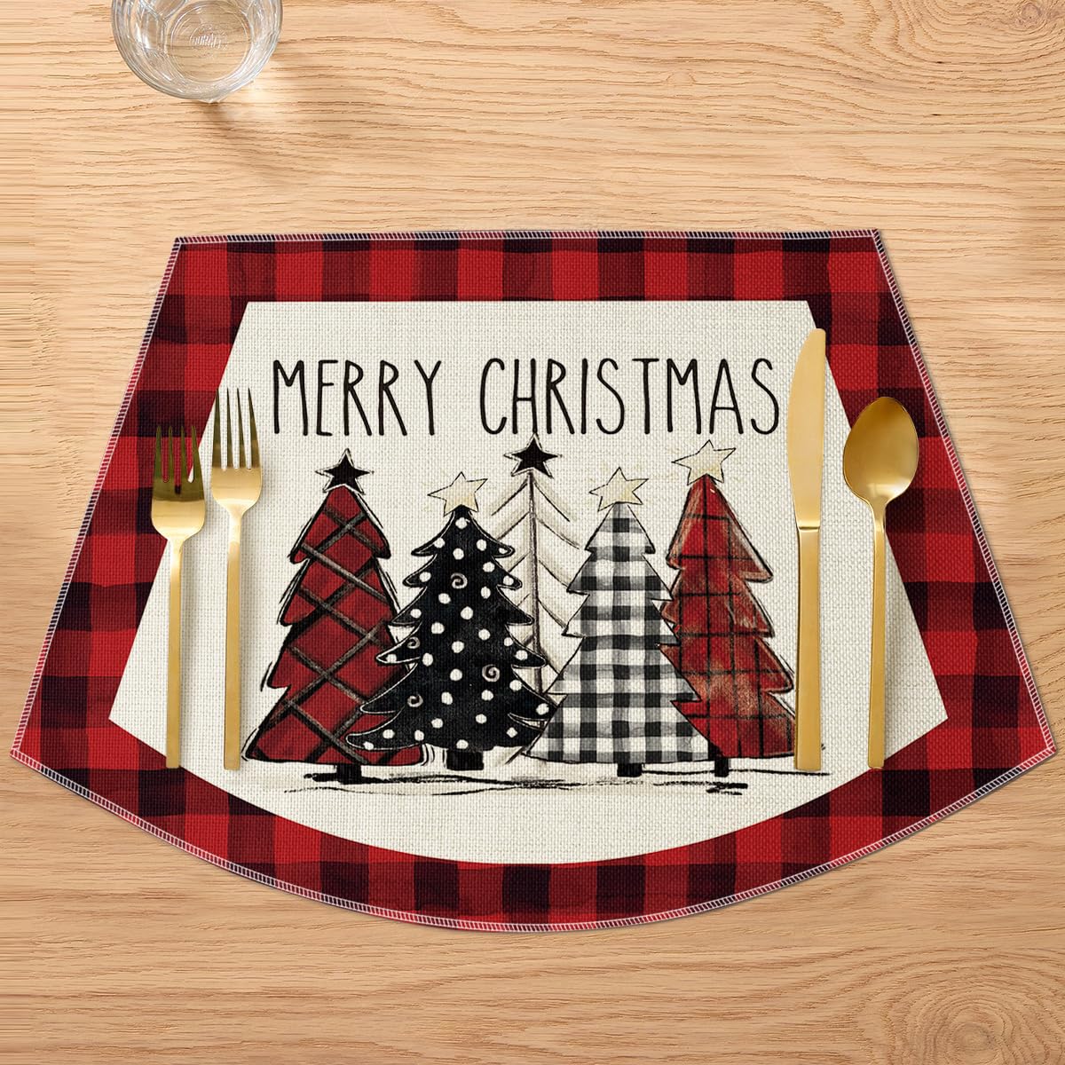 Artoid Mode Red Christmas Trees Wedge Shape Placemats for Round Table Set of 6, Winter Seasonal Kitchen Dining Table Decoration for Indoor Party Home
