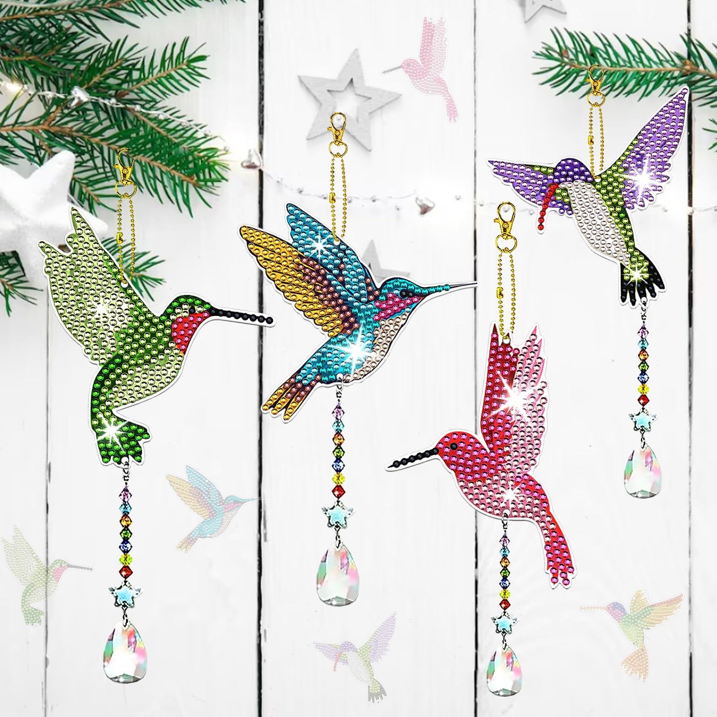 JeCuiK 6 Pcs Diamond Painting Wind Chimes Rhinestone Hummingbird Diamond Art Suncatcher Double Sided 5D DIY Diamond Painting Kits for Adults Christmas Ornament Best Gifts for Mom