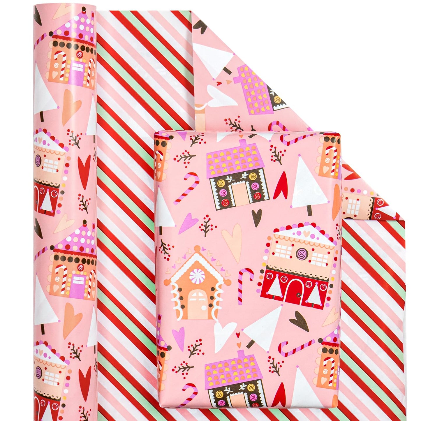 Reversible Christmas Wrapping Paper - Mini Roll - 17 Inch x 33 Feet - House with Christmas Tree and Candy Cane Wrapping Paper for Holiday, Party Celebration