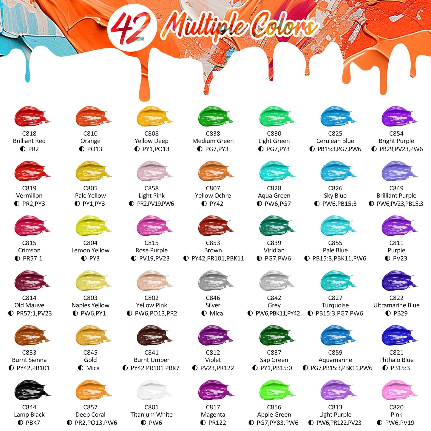 Acrylic Paint Set with 12 Brushes, 42 Colors (59ml, 2oz) Art Craft Paints Gifts for Artists Kids Beginners & Painters, Halloween Pumpkin Canvas Ceramic Rock Painting Kit Art Supplies