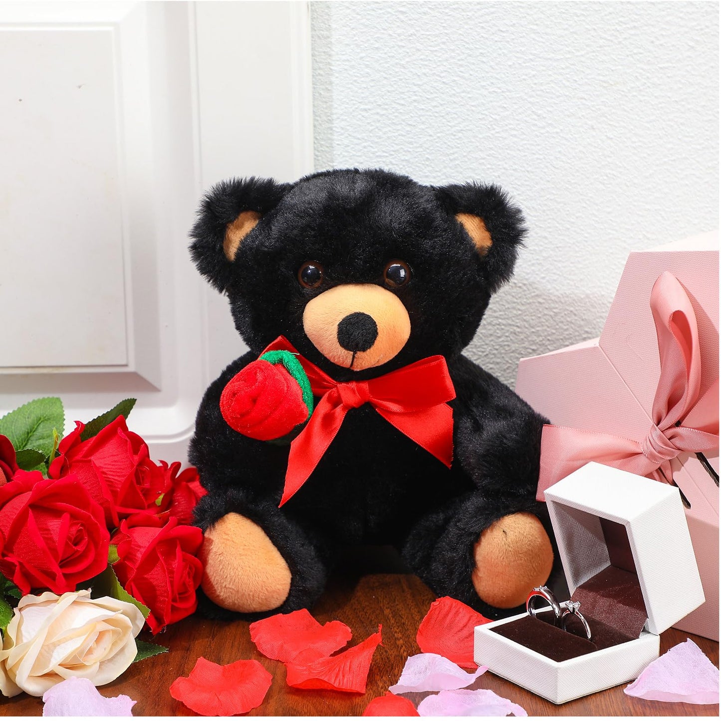 Valentine Bear Stuffed Animal Gift with Rose Funny Cute Bear Plush Stuffed Animal for Kids Toddler Mother Girlfriend Valentine Birthday Wedding, 11.8 Inches(Black)
