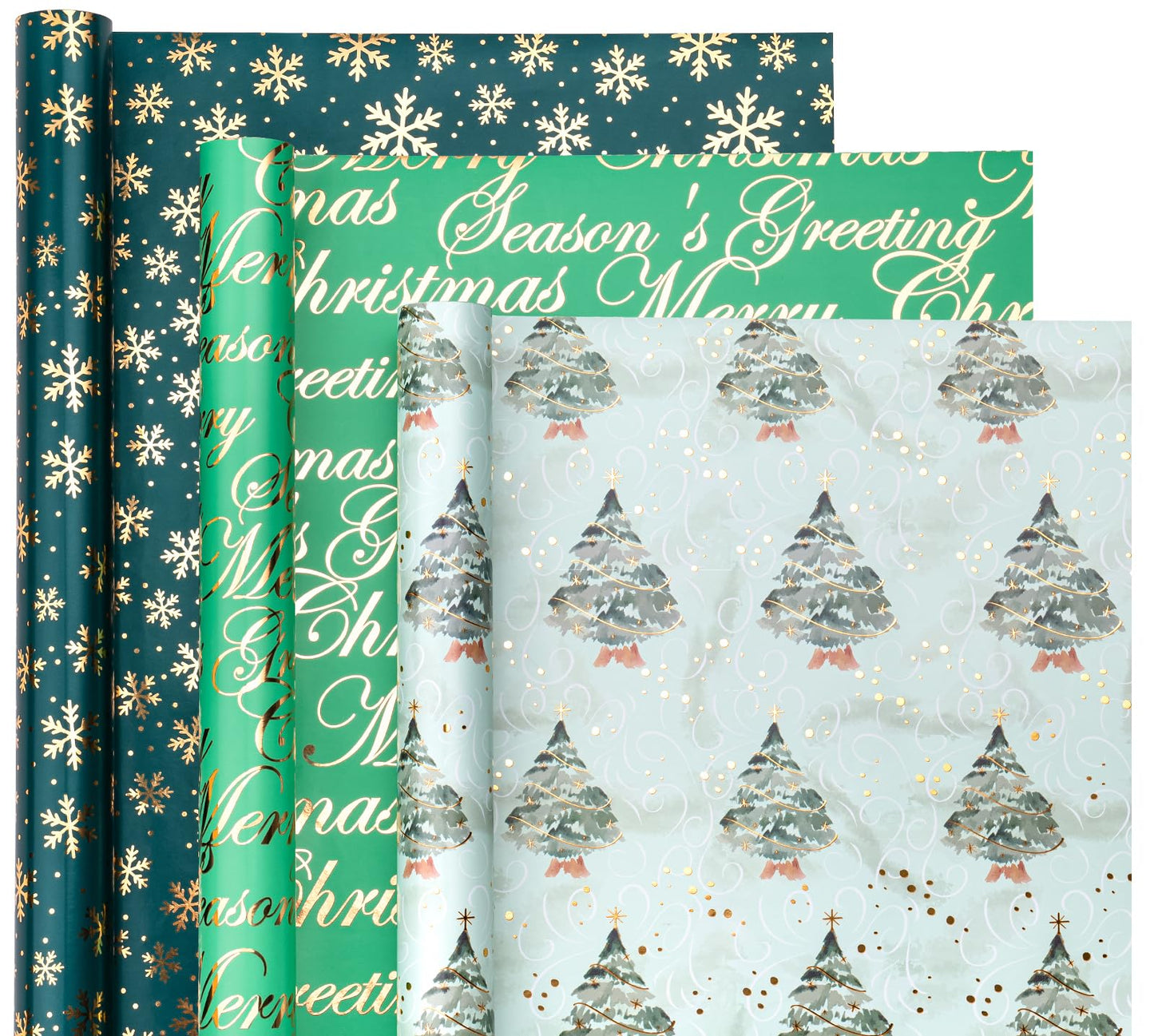 Christmas Wrapping Paper - 3 Rolls, 17 Inch X 120 Inch Each - Green Foil Christmas Tree, Snowflake Designs with Metallic Shine - Perfect for Christmas, Holiday