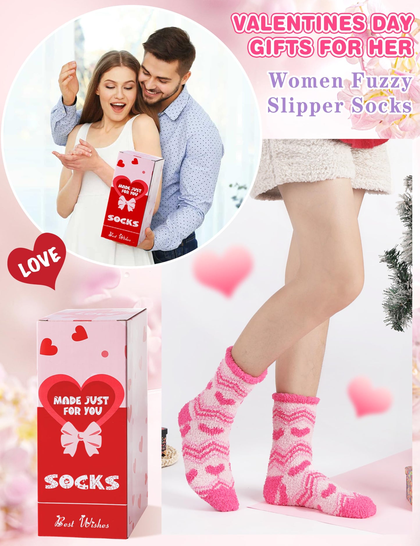 Fuzzy Socks for Women Galentines Day Gifts Fluffy Thick Warm Winter Soft Cozy Plush Fleece Sleep Home Cabin House Pink Heart Stocking Stuffers 5 Pairs(Pink Heart,M)