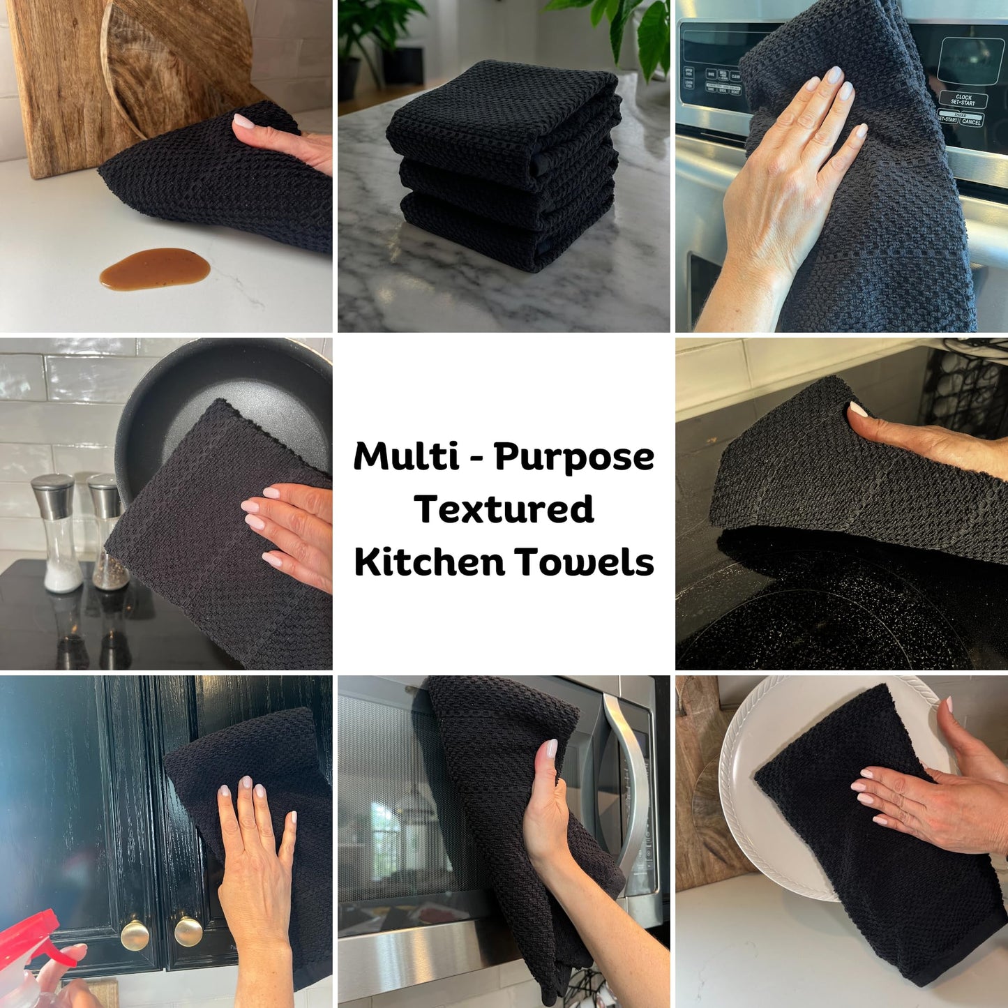 Black Textured Kitchen Hand Dish Towels 100% Cotton Cloth Soft Cleaning Drying Absorbent Terry Loop: Set of 3 Multipurpose for Everyday Use