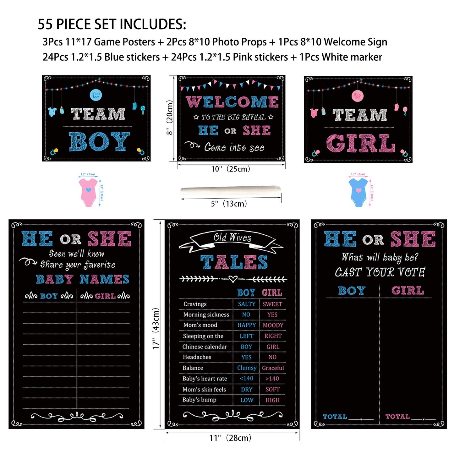 Baby Gender Reveal Party Supplies Kit, Photo Props Games Decorations,Boy or Girl, Includes 3 Game Posters (11x17), 3 Signs (8x10), 1 Erasable Marker, 48 Blue and Pink Voting Stickers