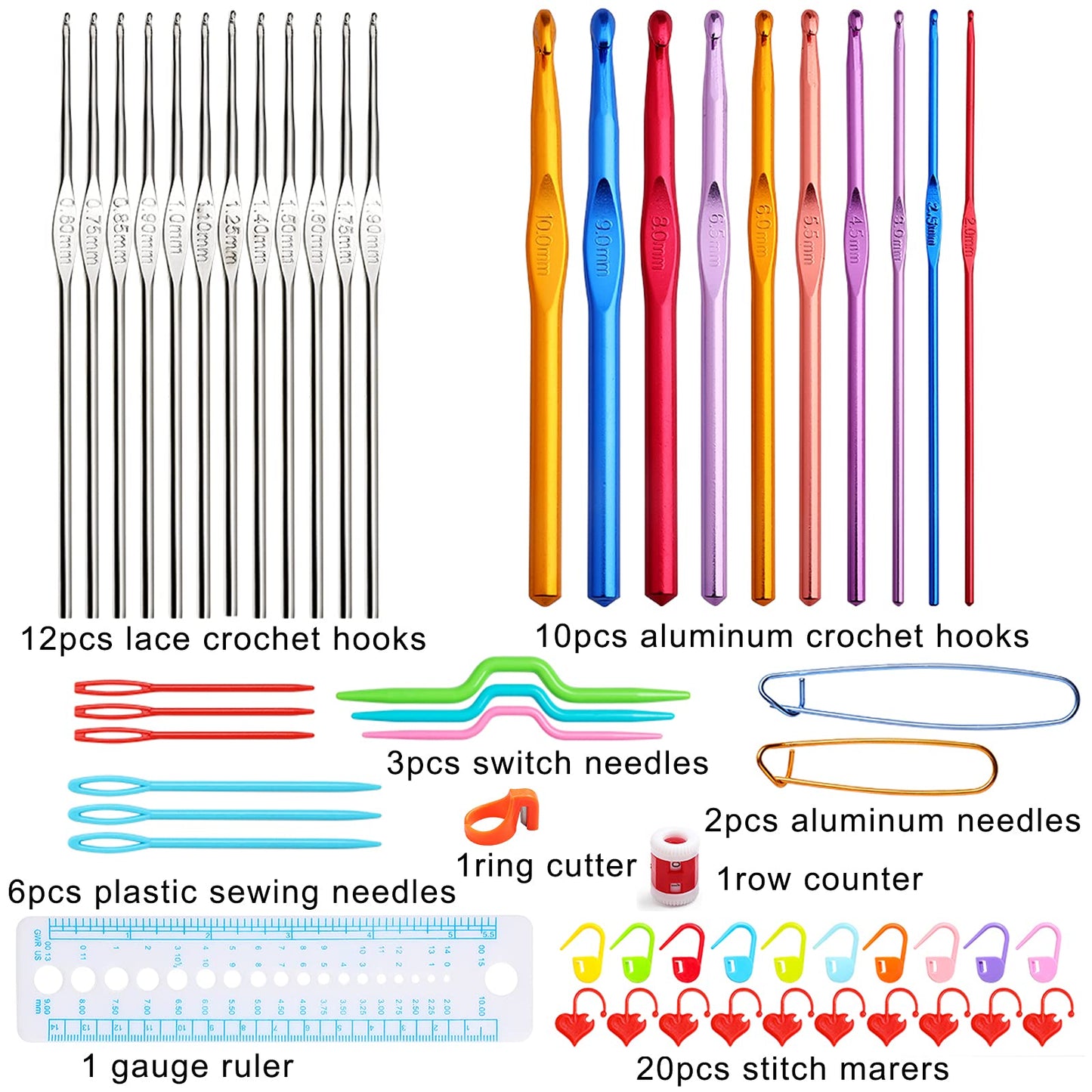 LOOEN Aluminum Tunisian Crochet Hooks Set Afghan Knitting Needles Kit with Long Case,11pcs 2mm/B-8mm/L Hooks and Necessary Accessories,Gift for Mom (Flower)