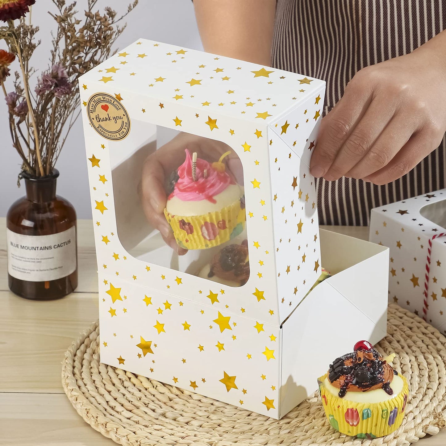24 Pack 6X6X3 Christmas Cookie Boxes for Gift Giving Gold Foil Star White Bakery Boxes with Window 6 Inch Small Treat Boxes for Mini Cake Pastry Dessert Cupcakes Candy Donut Packaging
