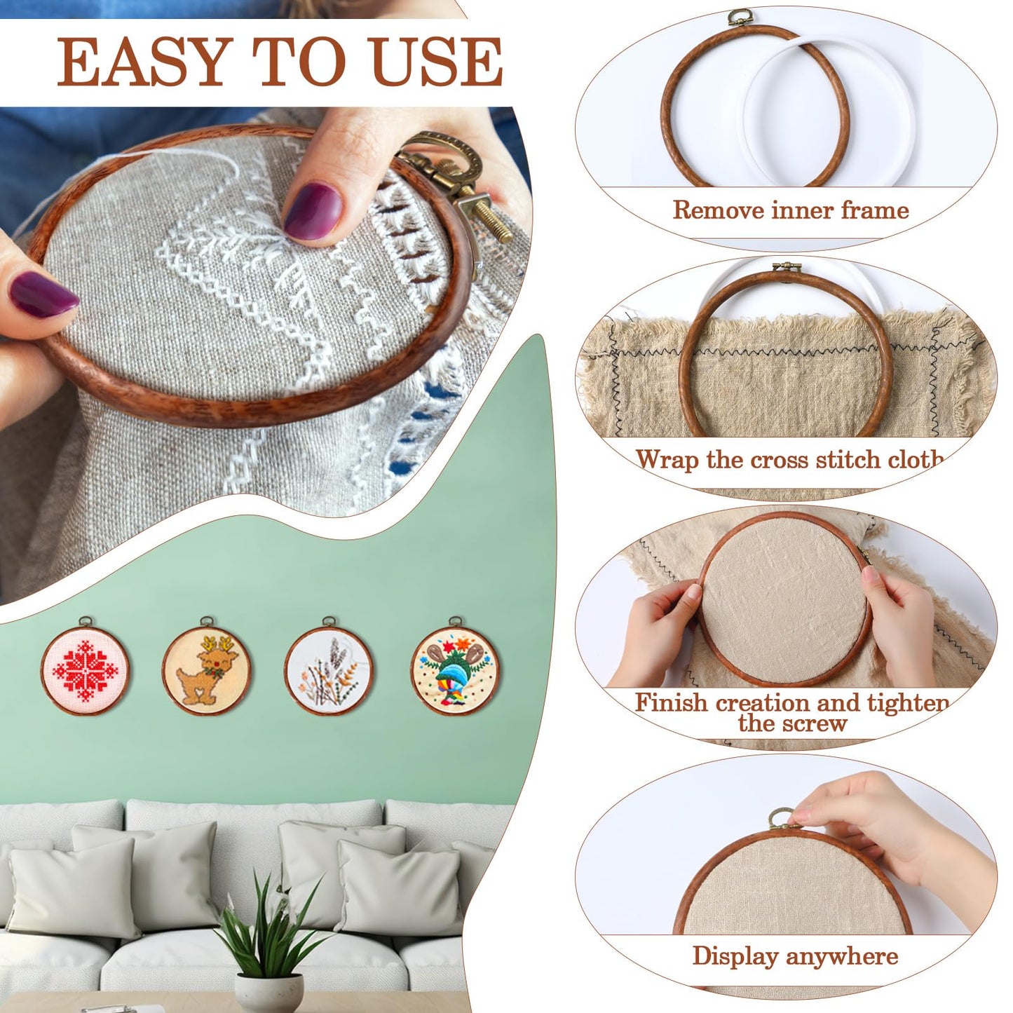 15 Pcs 6 Inch Round Embroidery Hoops Frame Circle Rubber Hoops Ring Display Cross Stitch Ornament Imitated Wood Frame Kits for Christmas Halloween Craft Sewing DIY Hanging Gifts