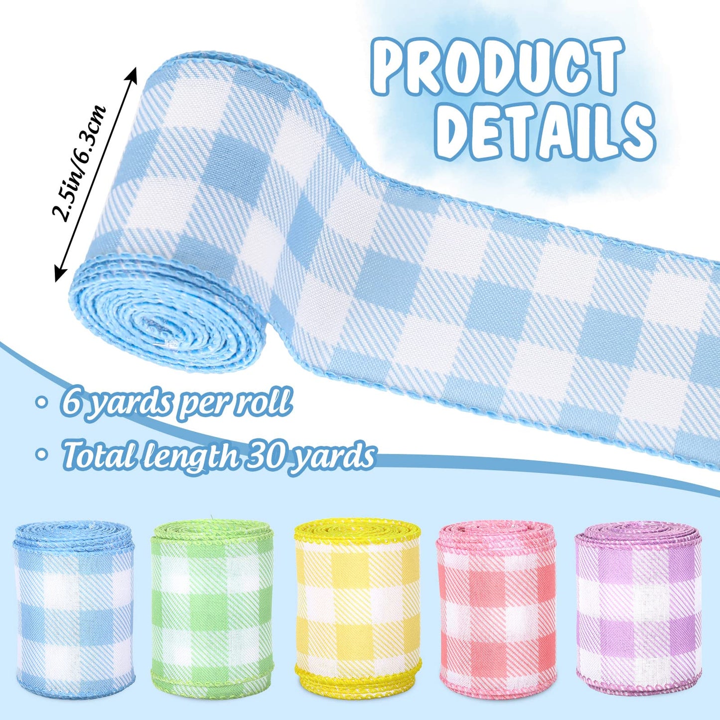 Spring Wired Edge Ribbon 30 Yards Pastel Buffalo Plaids Craft Ribbon Light Blue Yellow Pink Purple Green Decorative Fabric Ribbon for Easter Wreath Bow Making DIY Crafts Wrapping, 5 Roll