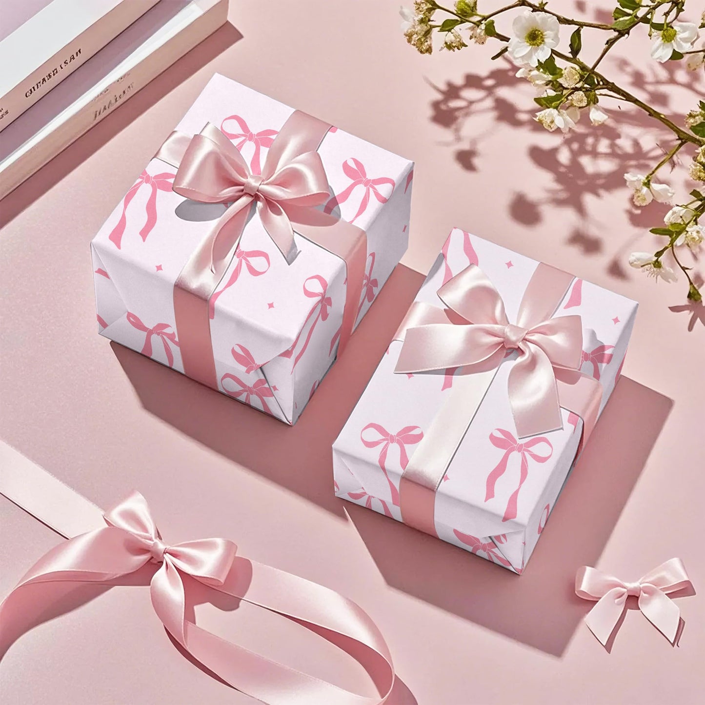 Pink Bow Wrapping Paper Roll - Mini Roll - 17 Inch x 16.5 Feet - Pink Ribbon Bow Design Perfect for Valentine's Day, Girls Birthday, Bachelorette Party, Baby Shower