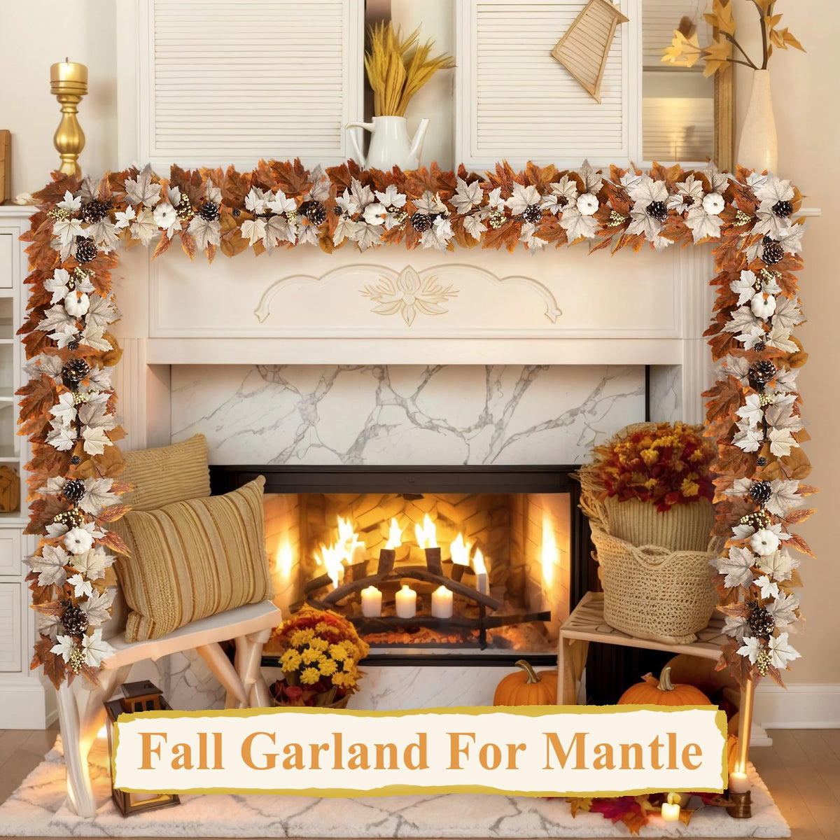 6 FT Lighted Fall Garland with Lights Pumpkins Automatic ON/Off