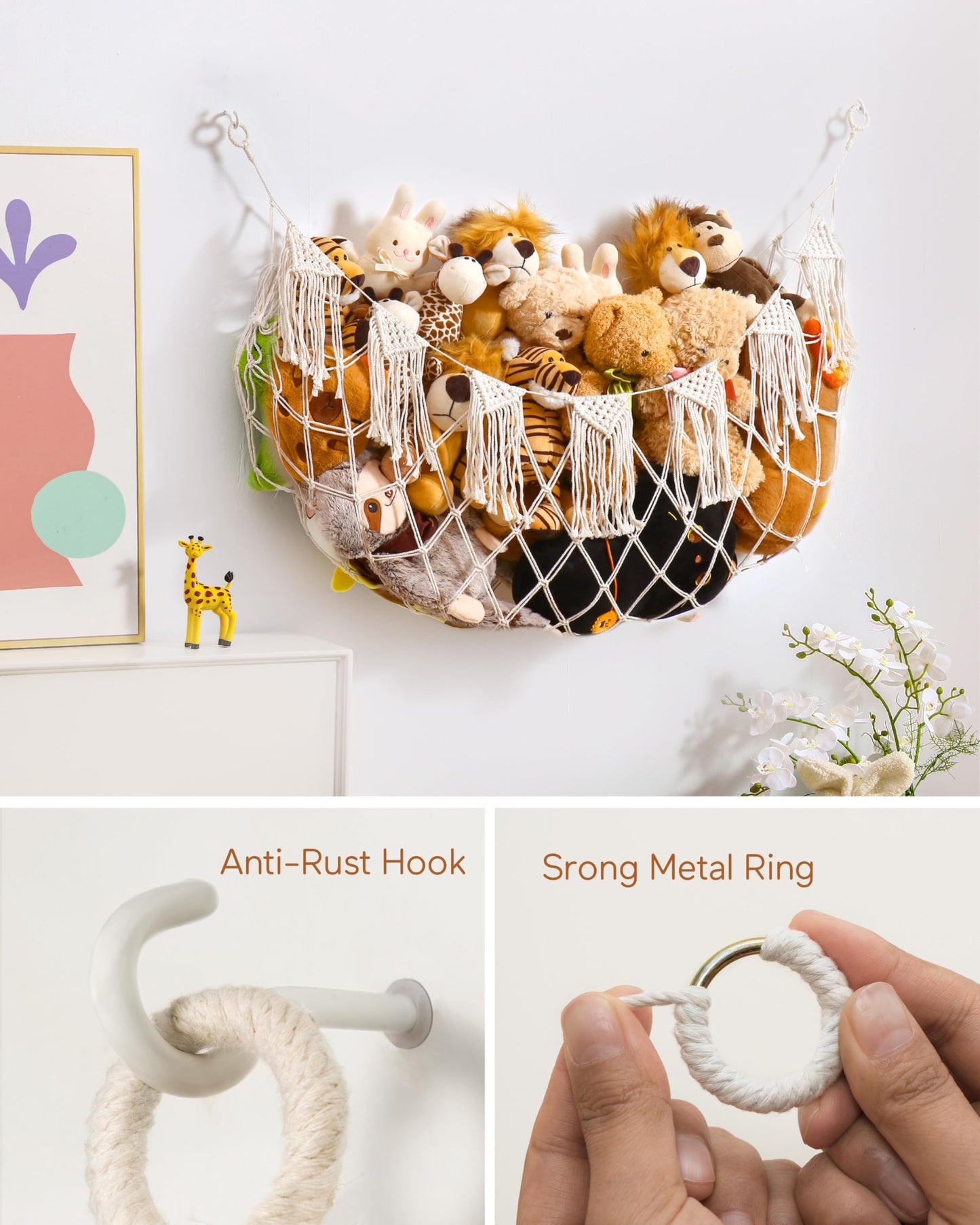 Stuffed Animal Storage Hammock with Lights- Boho Wall Hanging Plushie Net for Stuff Aanimal Organizer and Teddy Bear Storage, Small Toy Hammock for Kids Bedrooms Playroom Nursery(White Small)