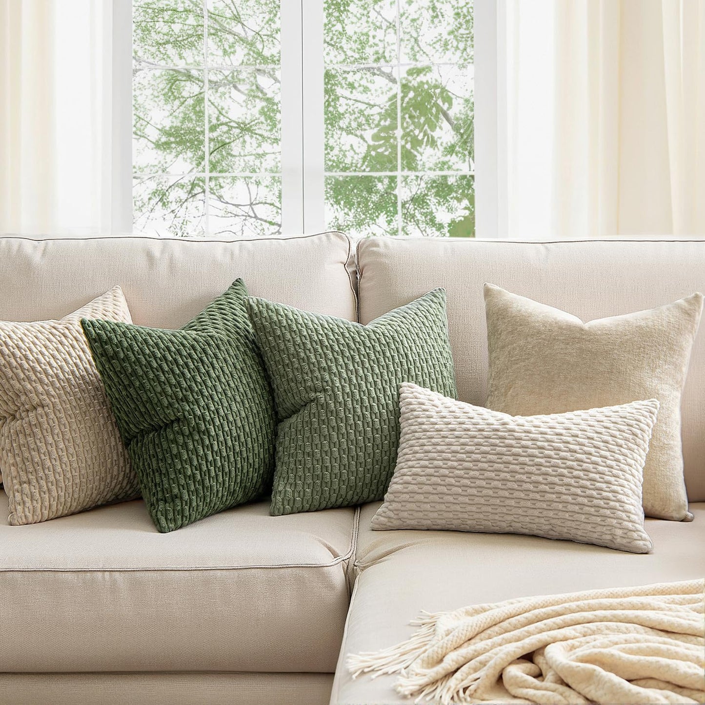 Throw Pillow Covers Soft Corduroy Decorative Set of 2 Boho Striped Pillow Covers Pillowcases Farmhouse Home Decor for Couch Bed Sofa Living Room Spring 18x18 Inch Sage Green