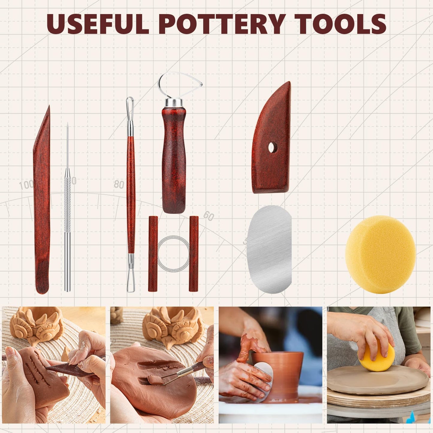 8PCS Stained Wooden Pottery Sculpting Tools, Wood Clay Cleaning Tool Set, Ceramic Modeling Tool for Carving, Molding, Cutting, Trimming, Pottery Wheel, Crafting, Beginners, Adults, Students