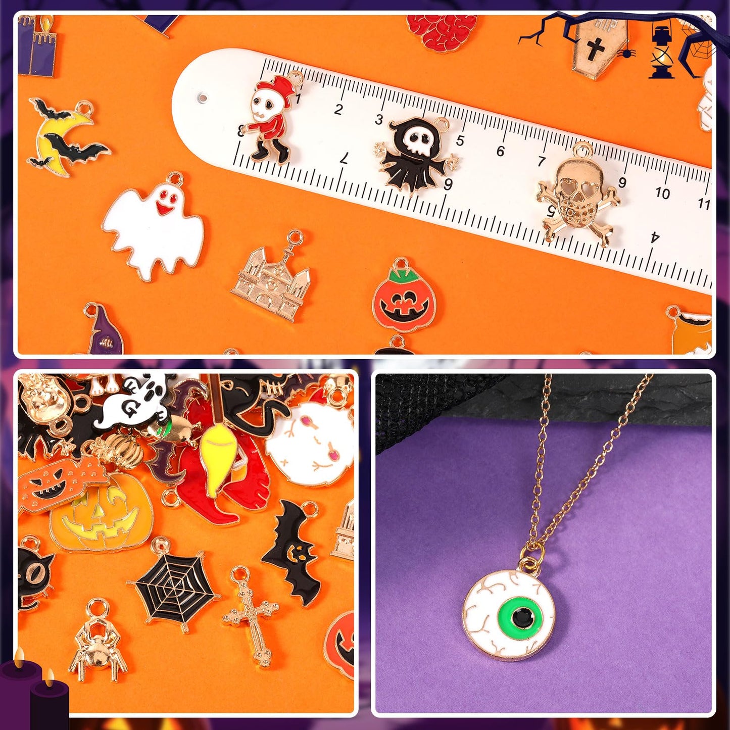 SANNIX 350Pcs Halloween Charms - Gold Enamel Pumpkin, Ghost, Skeleton, Bat, Witch for Jewelry Making Bracelets, Necklaces, Earrings, Craft Making