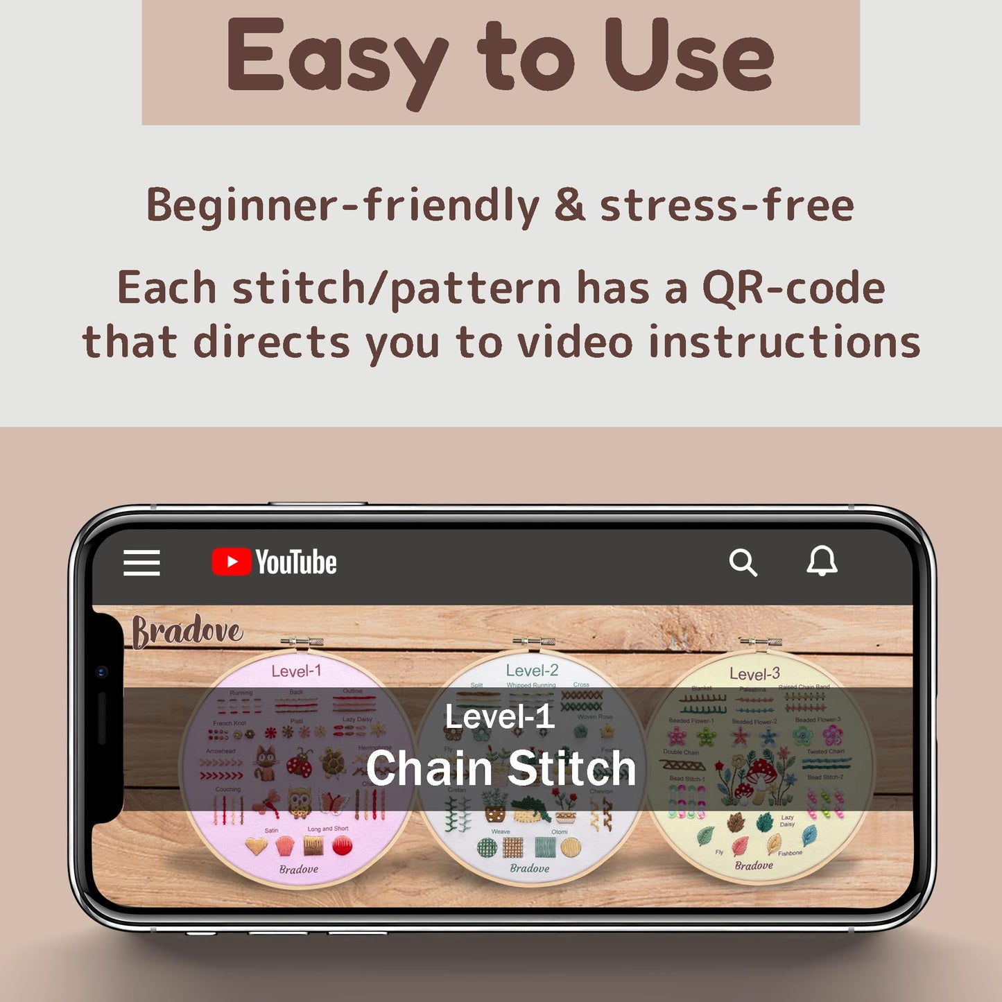 Bradove Beginner Embroidery Kit for Adults Kids, Learn to Embroider 37 Stitches and 13 Cute Patterns, Stitches Kit, Bead Embroidery Kit, Beginner Embroidery Practice