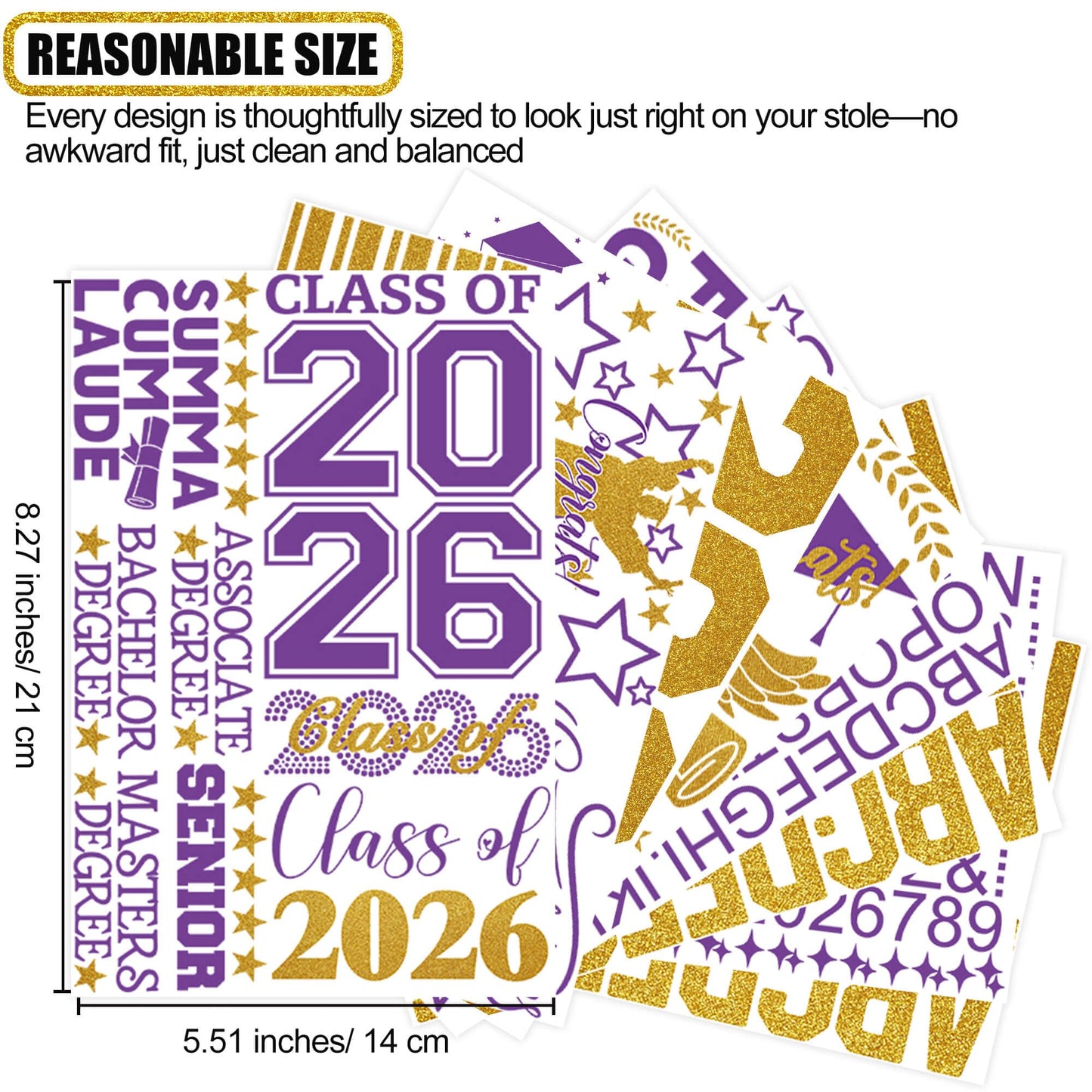 Senior College First Generation Graduation Stole Sash Class of 2026 Decorations DIY Customize Grad Stole Sash Personalized Iron-On Decals Heat Transfer Vinyl HTV Cutouts Set, Purple Gold