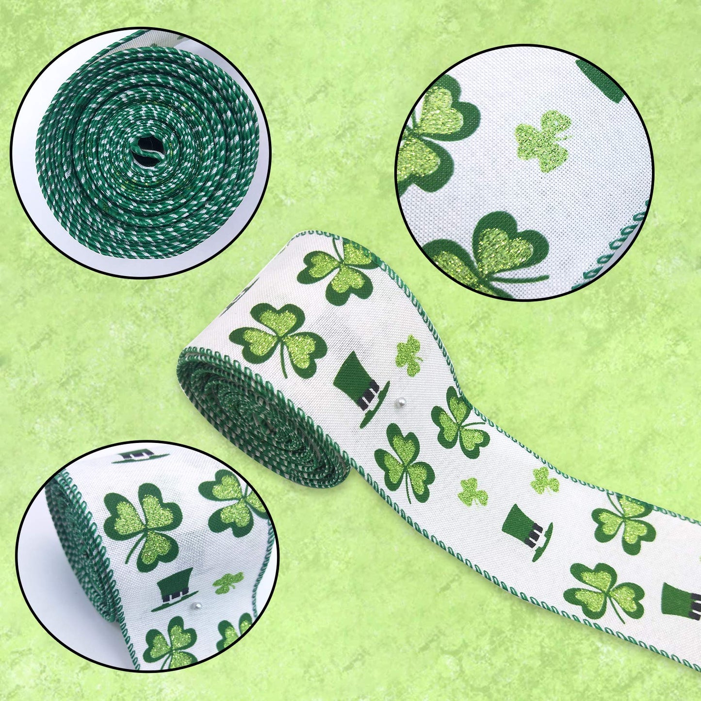 4 Rolls Shamrock Wired Edge Ribbon - 2.5''×24 Yard St Patrick's Day Green Wired Ribbon, Burlap Plaid Shamrock Fabric Craft Irish Ribbons for Gift Wrapping, Wedding Birthday Crafts Decorations