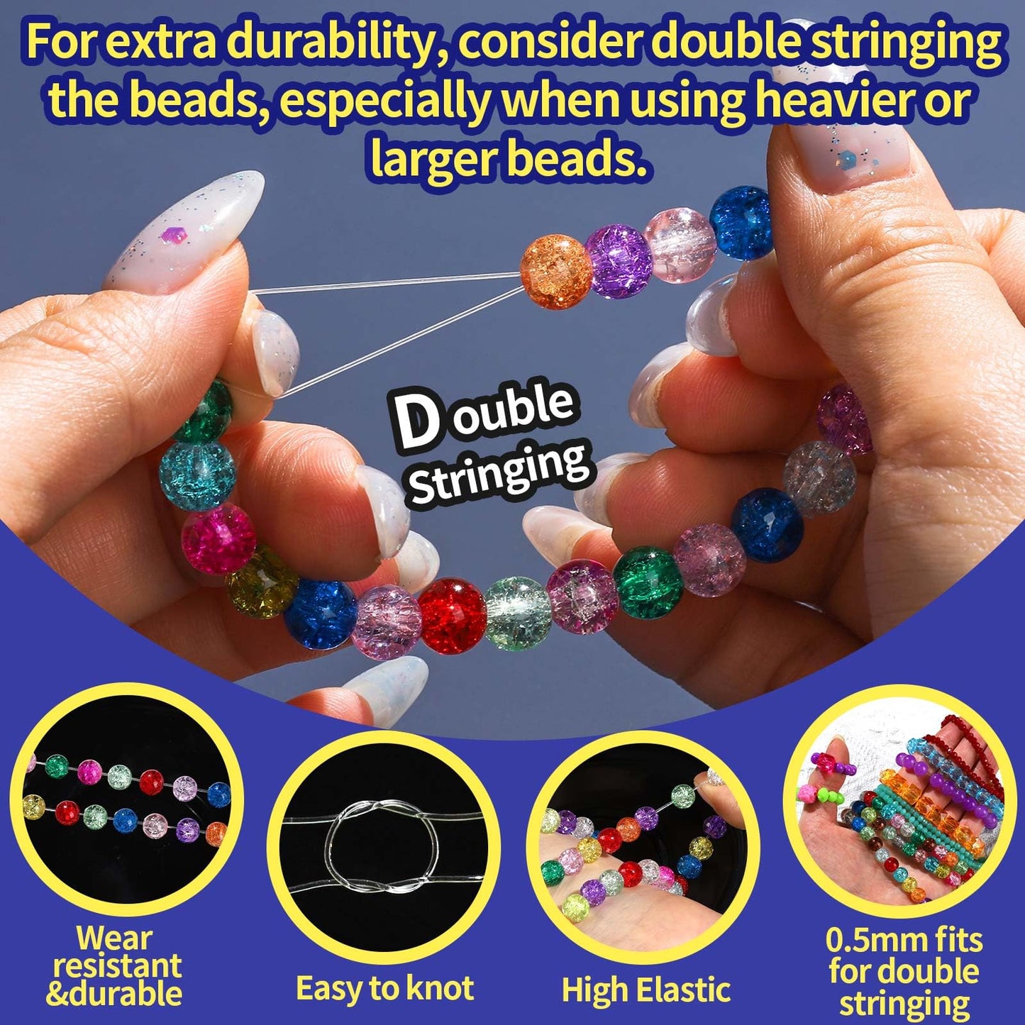 0.5mm Elastic Bracelets Strings Cord, Elastic Crystal Stretch Bead Cord for Jewelry Making, Clear Stretchy Elastic String Cord for Beading, Transparent Thread for Bracelet Necklace Making