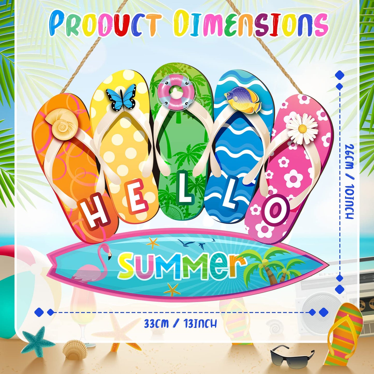 Jetec Summer Slippers Hanging Sign Shape Welcome Hello Flip Flop Wooden Door Sign Hanging Plaque Rustic Wall Sign Yard Indoor Outdoor Garden Decoration with Rope (Hello Summer)