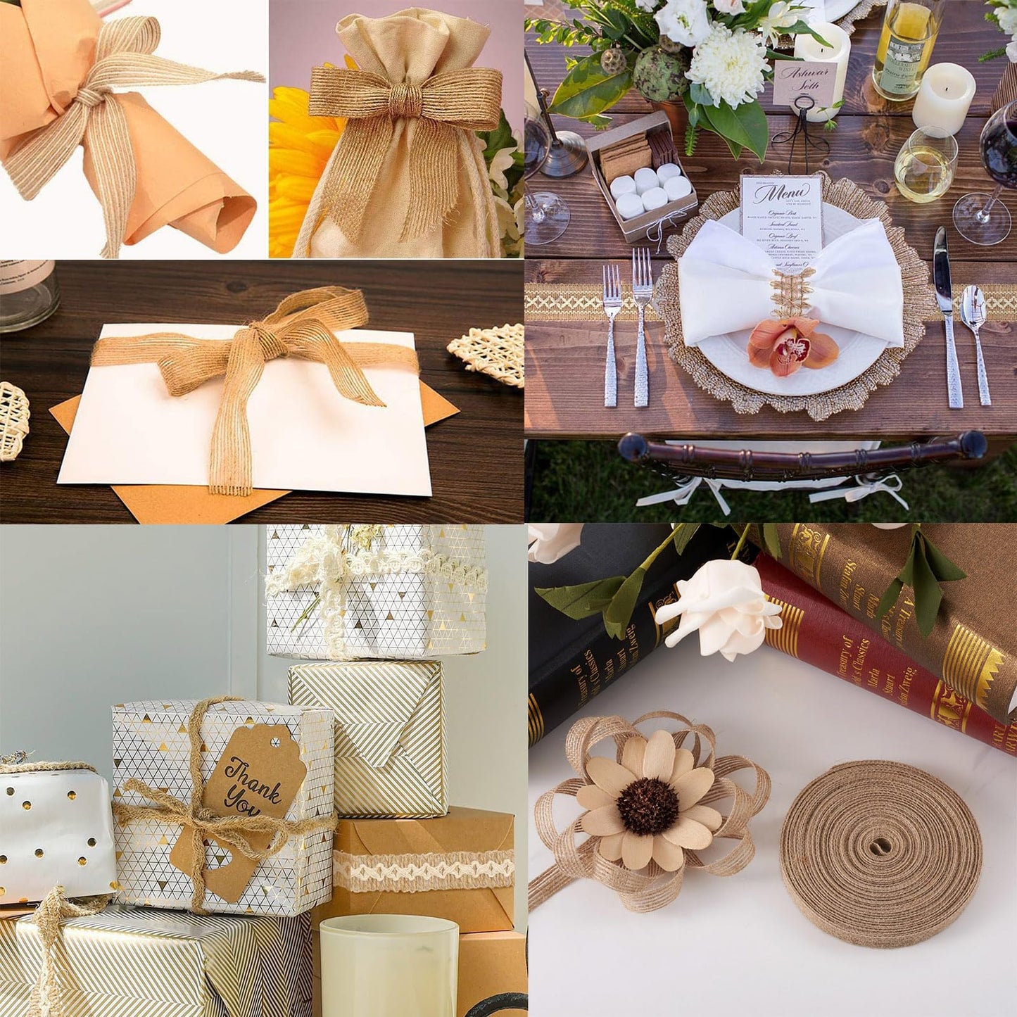 Pandahall 5 Rolls Natural Burlap Fabric Ribbon 1/4 inches Tan Jute Linen Ribbon Rolls for Party Decoration, DIY Crafts Gift Wrapping Bows Making