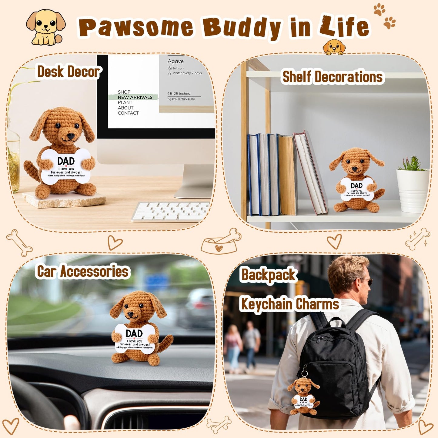 Funny Fathers Day Dad Gifts from Daughter Son, First New Bonus Step Dad Father’s Day Birthday Gifts from Kids Wife, Personalized Unique Daddy Presents Cool Stuff Cute Things, Small Happy Crochet Dog