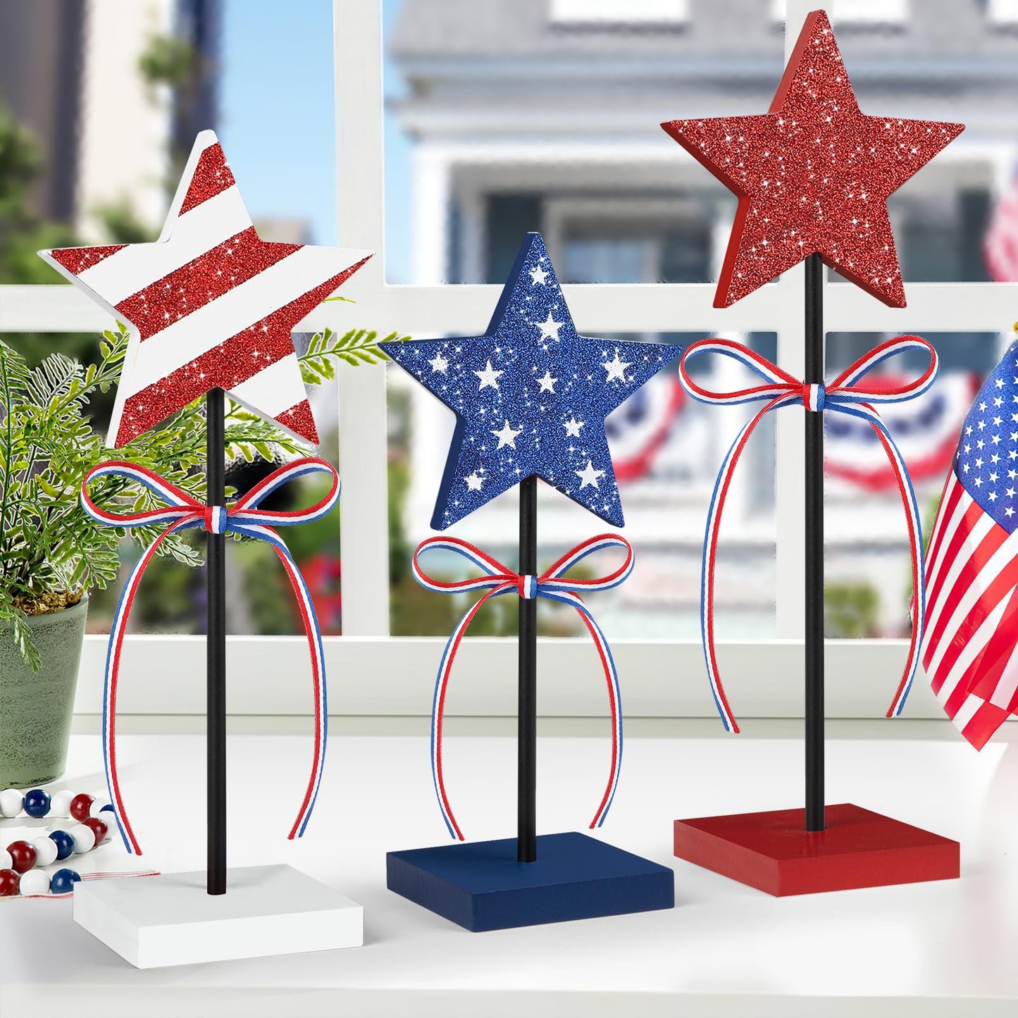 4th of July Tiered Tray Decor Wooden Star Set, 3 Pcs Memorial Day Table Decorations, Rustic Patriotic Tabletop Home Decor, Red White and Blue Decorations for Home (Shiny)