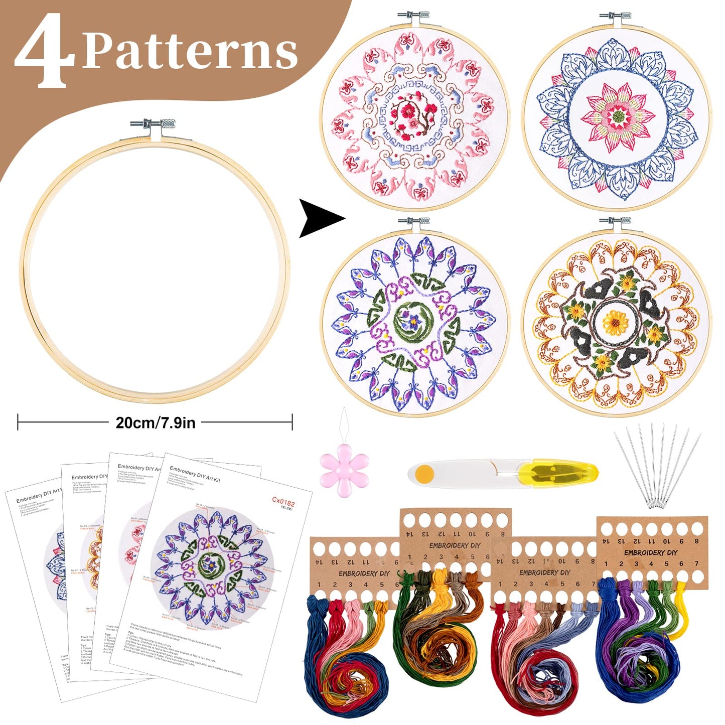 4 Mandala Embroidery Starter Kit with Instruction Plum Blossom Chrysanthemum Orchid Lotus Needlepoint Cross Stitch Kit with Embroidery Hoop Threads Needle Scissors for Beginners DIY Craft