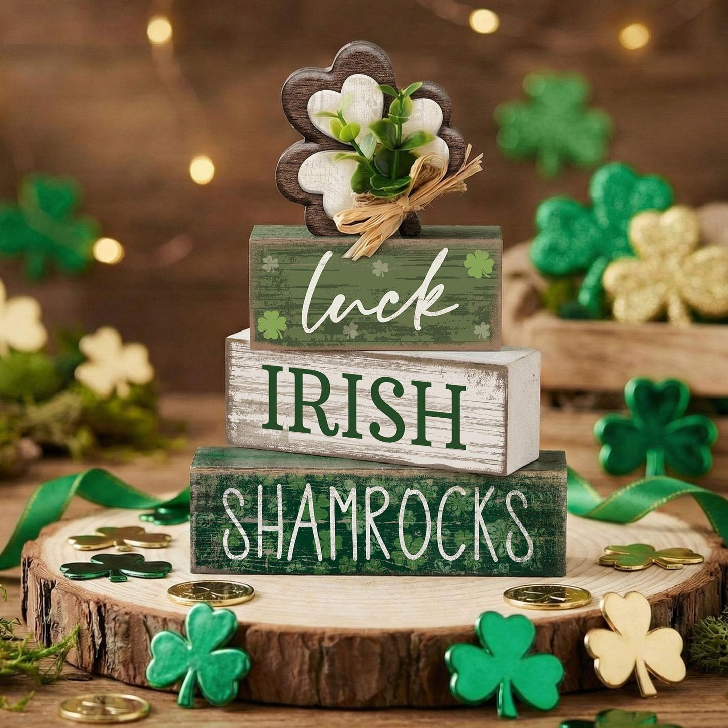 4 Pcs St. Patrick's Day Table Decorations Wooden Shamrocks Green Lucky St. Patrick Tiered Tray Decor Farmhouse Shamrock Blocks Signs Gifts Irish Themed Centerpiece Decorations for Home Decor