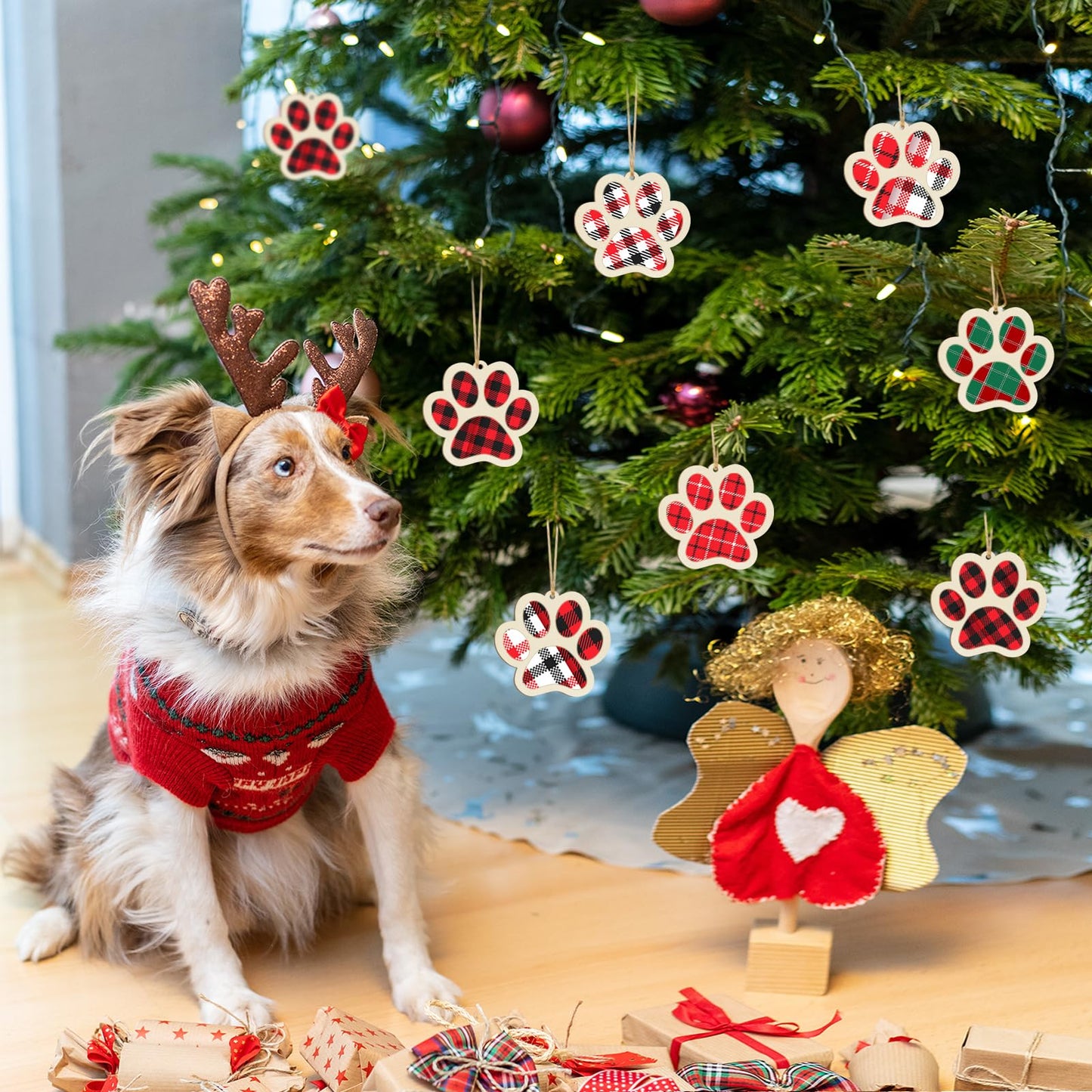 Wooden Dog Paw-Shaped Ornaments to Paint Dog House Decoration Cutouts Unfinished 24PCS, DIY Blank Unfinished Wood Discs Ornament for Pet Theme Party Crafts Hanging Christmas Thanksgiving Decoration