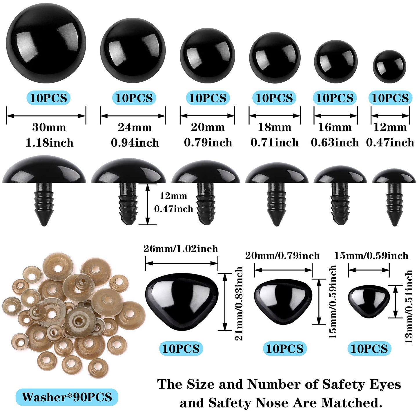 90Pcs Large Safety Eyes and Noses Kit Black Plastic Craft Dolls Eyes for DIY Puppets Bear Crafts Stuffed Animals Amigurumi Making Supplies (9 Sizes)