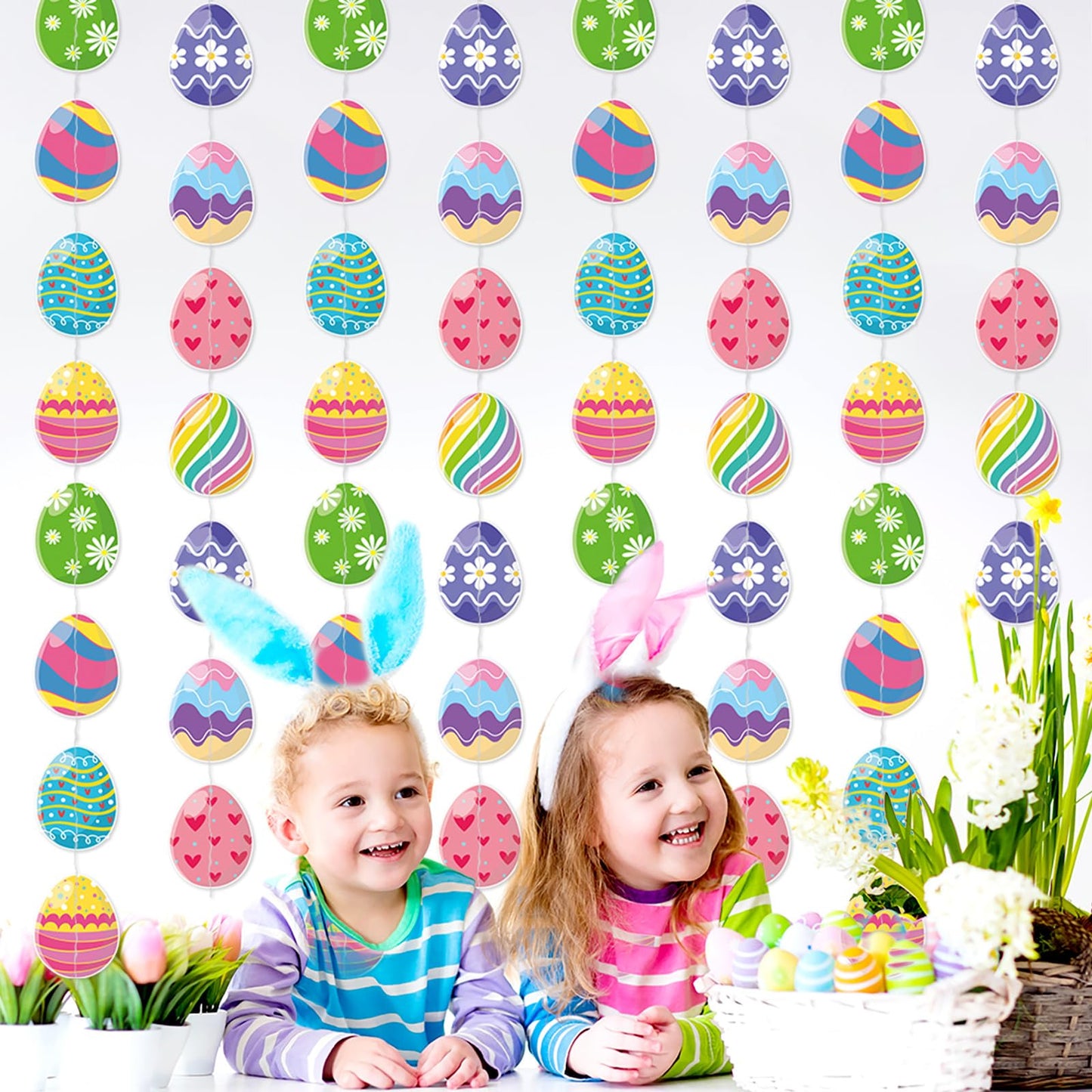 Easter Egg Party Decoration Garland - 8pcs Pastel Rainbow Spring Hanging Paper Streamers, Kids Birthday Favors Gifts Classroom Supplies Banner,Indoor Outdoor Decor Lasting Surprise