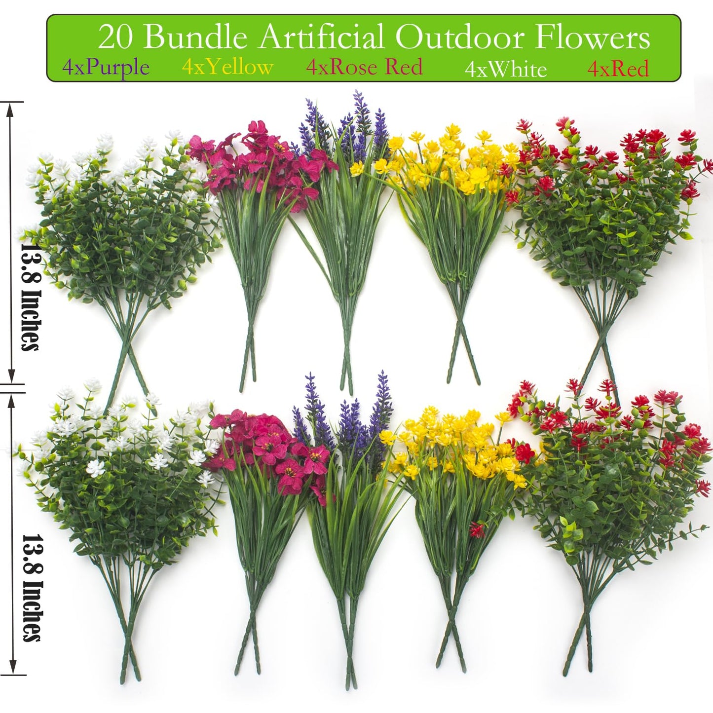Grunyia 20 Bundles Artificial Flowers for Outdoors, UV Resistant Fake Plants, Faux Plastic Flowers for Home, Window Box, Porch, Indoor, Cemetery, Fall, Summer Decor