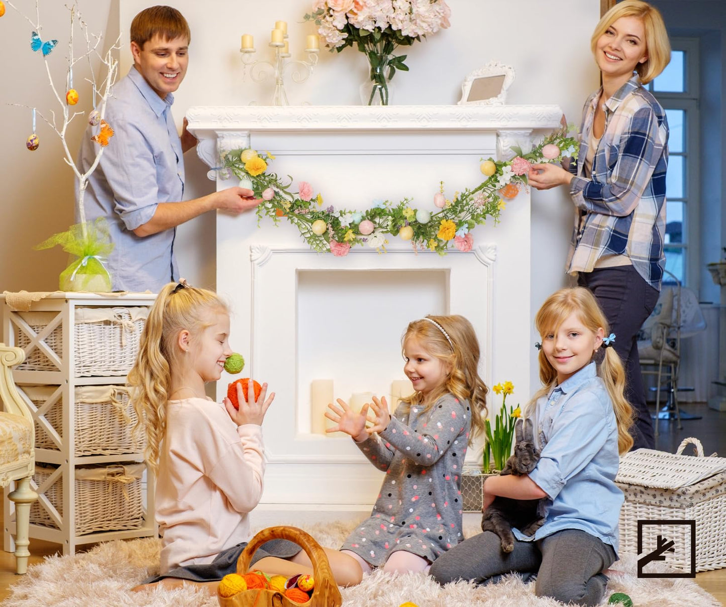 5FT Easter Garland Spring Vine with Easter Eggs Flowers Berries for Rustic Mantle Arch Home Table Tree Decoration