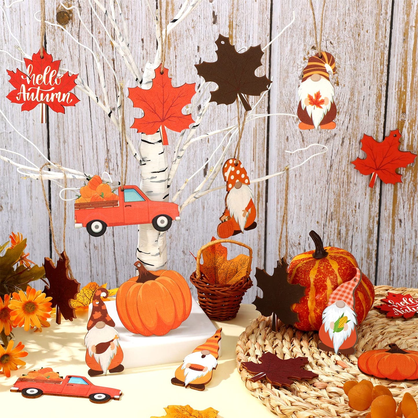 36 Pcs Thanksgiving Ornaments - Fall Tree Decorations with Autumn Pumpkin Gnome Leaf Cutouts, Hanging Ornaments, Wooden Craft Ornaments with Rope for Home (Autumn Style)