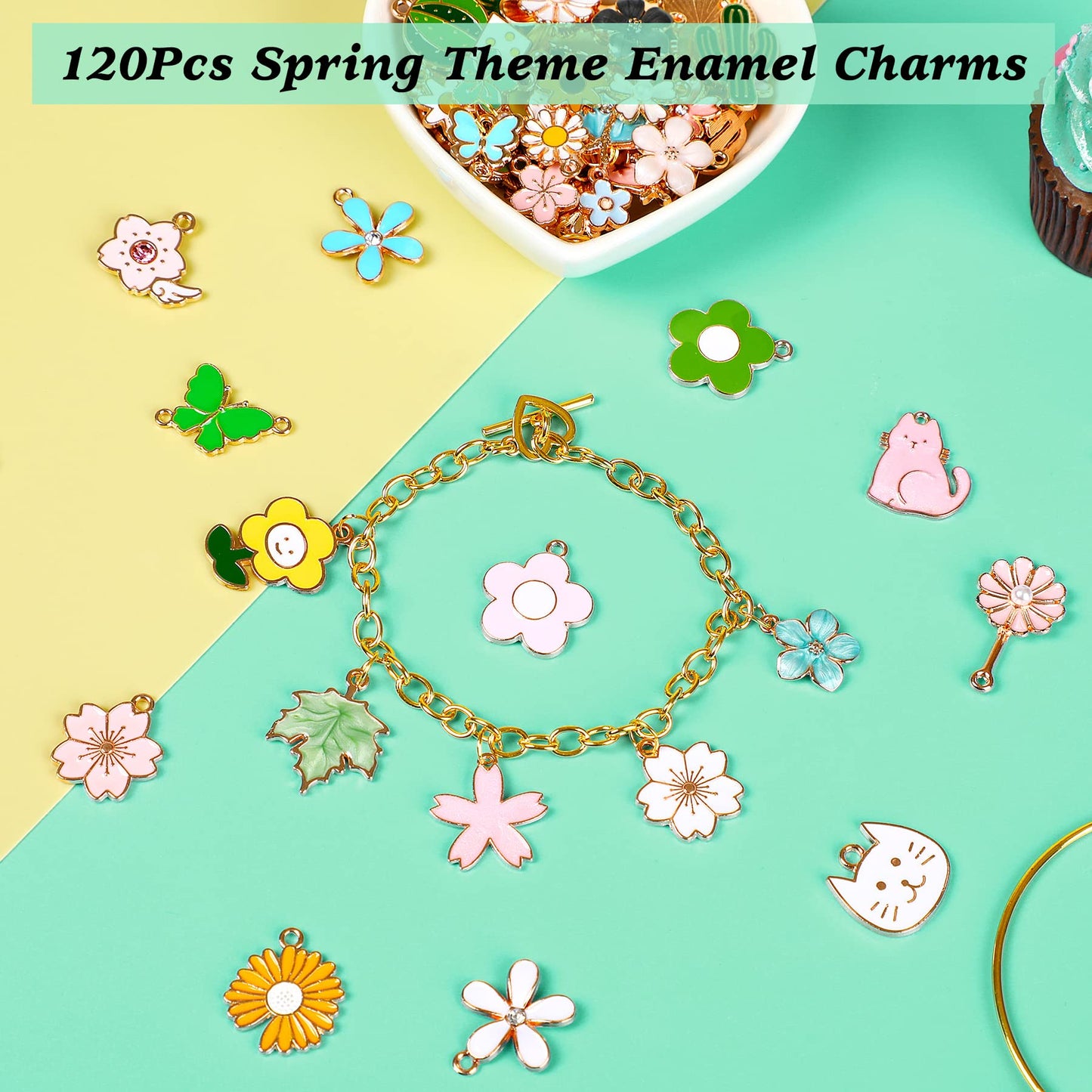 MARFOREVER 120 Pcs Spring Summer Floral Themed Charms, Flower Charms for Jewelry Making, Assorted Gold Enamel Charm Pendants for DIY Necklace Bracelet Earrings Supplies Gifts for Mom Women Girls