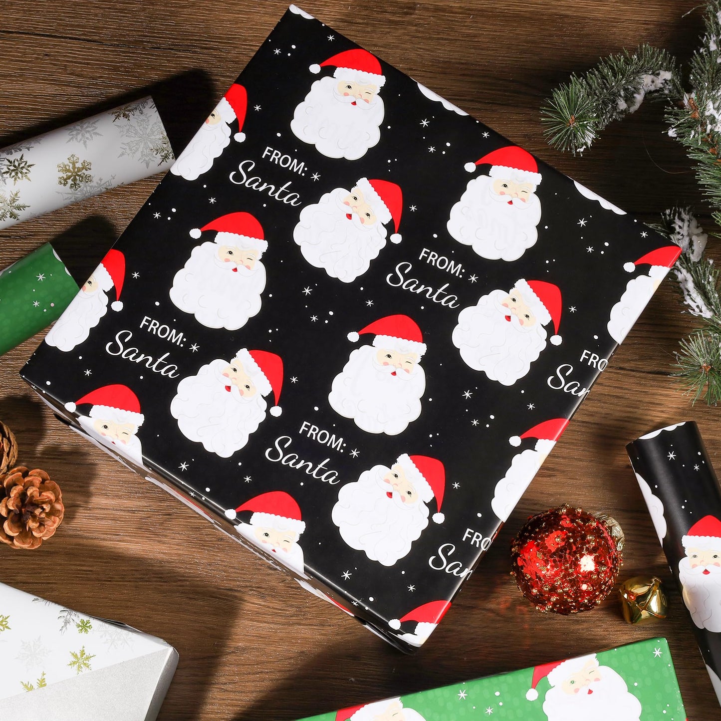 Black Santa Christmas Wrapping Paper, Reversible Holiday Gift Wrap with Classic From Santa & Merry Christmas Design for Kids, Season Party, Xmas Presents, 17 Inch X 33 Feet