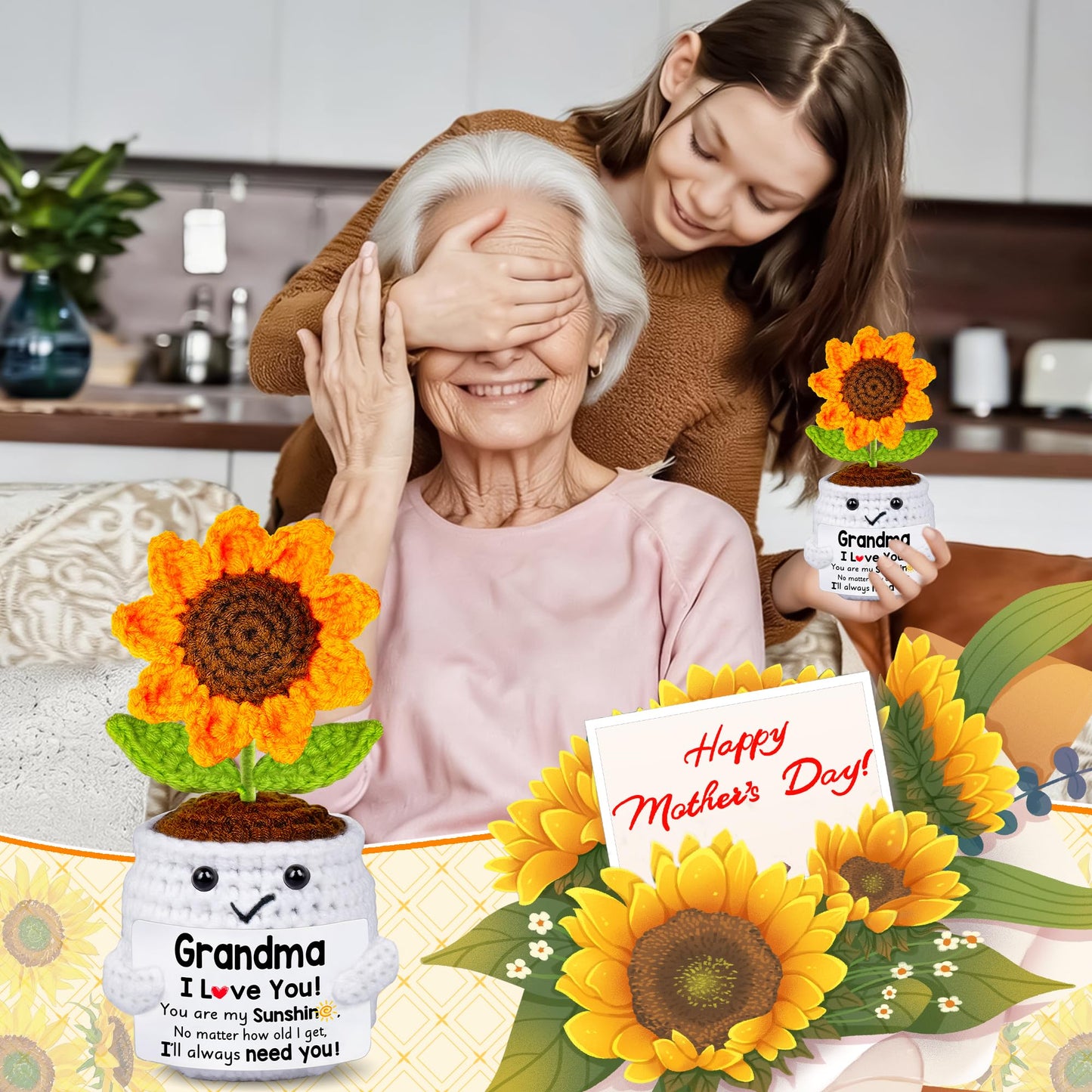Qunland Easter Gifts for Grandma, Mothers Day Grandma Gifts from Grandkids, Handmade Crochet Mini Sunflower Pot Doll Birthday Gift for Nana Grandmother GaGa, Mother's Day I Love You for Gigi