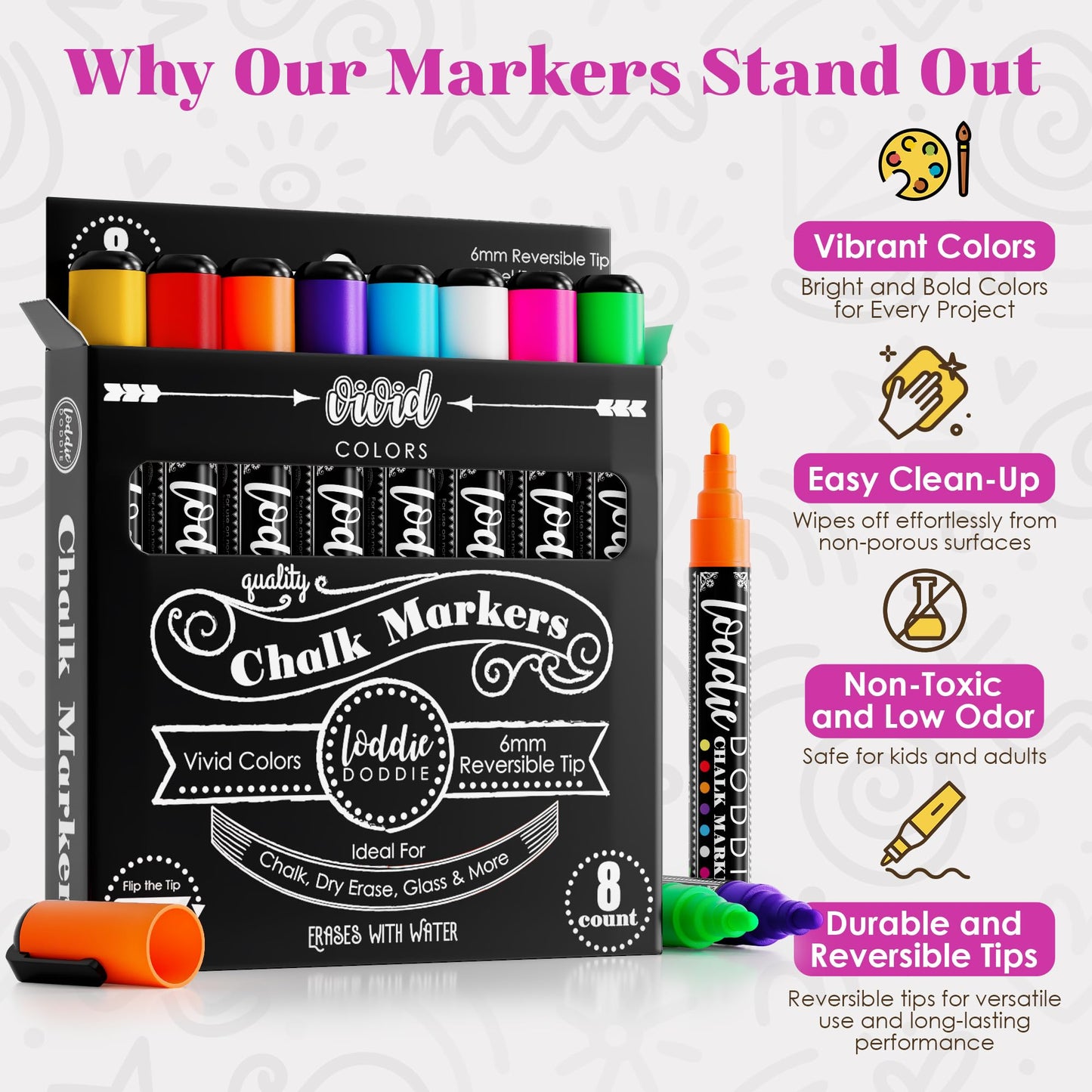 Loddie Doddie Liquid Chalk Markers - 8-Pack, 6mm Dual Tips - Chalk Markers for Blackboard & Chalkboard Paint - Washable Window Pens for Glass - Erasable Pens