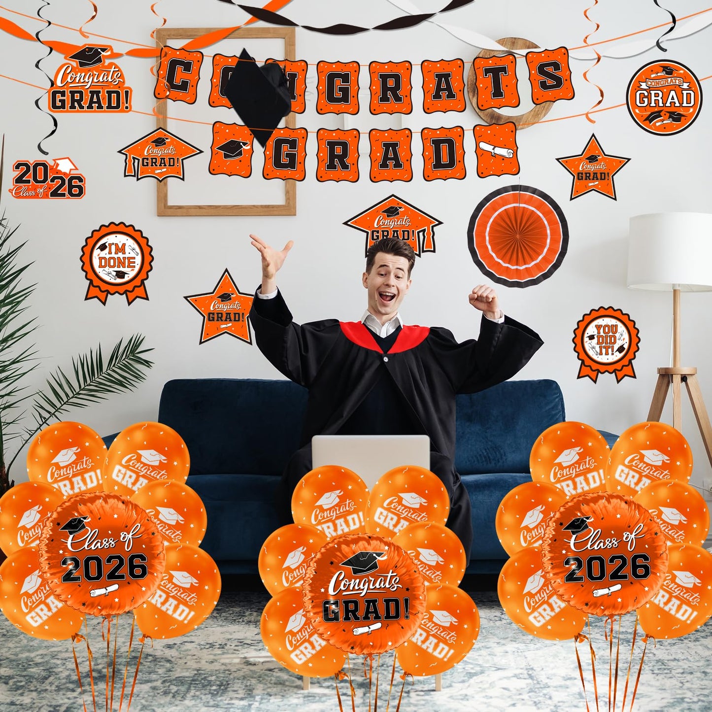 Orange Themed 2026 Graduation Decorations Set - Congrats Grad Banner, Class of 2026 Backdrop, Balloons & Streamers Kit - Complete Party Supplies for High School & College Celebrations