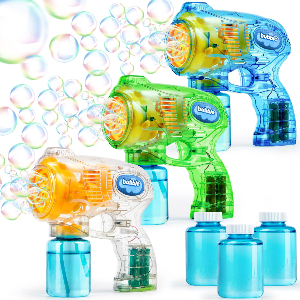 3 Packs Bubble Guns with 3 Solutions, Automatic Bubble Maker Blower Machine for Kids, Party Favors, Summer Toy, Birthday, Outdoor & Indoor Activity, Easter