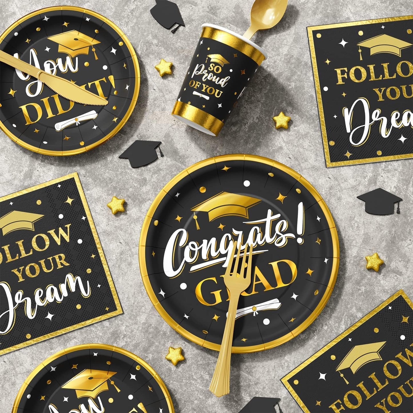 Ecomore Graduation Decoration Class of 2026, 350PCS Graduation Party Supplies Disposable Dinnerware(Serve 50) with Paper Plates Cup Napkin Fork Knife Spoon College High School Grad Decor(Black & Gold)