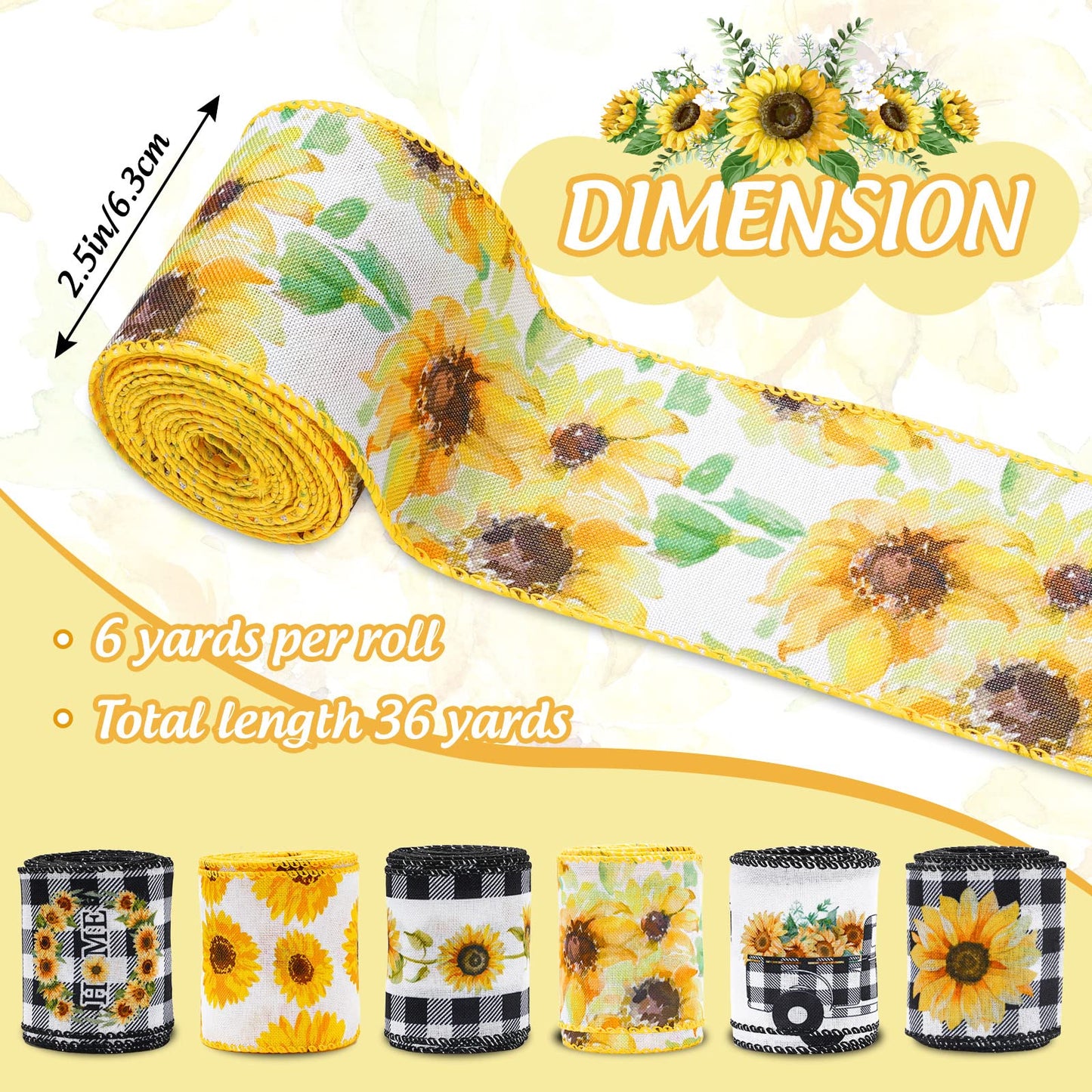 36 Yard Sunflower Wired Edge Ribbon 6 Roll 2.5 Inch Buffalo Plaids Flower Fabric Ribbon Spring Summer Floral Decorative Craft Ribbon for Gift Wrapping Decor Hair Bow Sewing Wreath Crafts